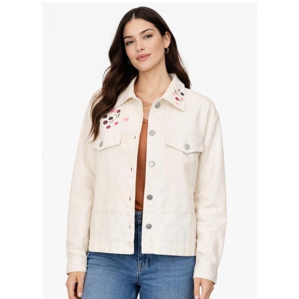 Dolan‎ Womens Floral Embroidered Cream Cotton Trucker Jacket XL